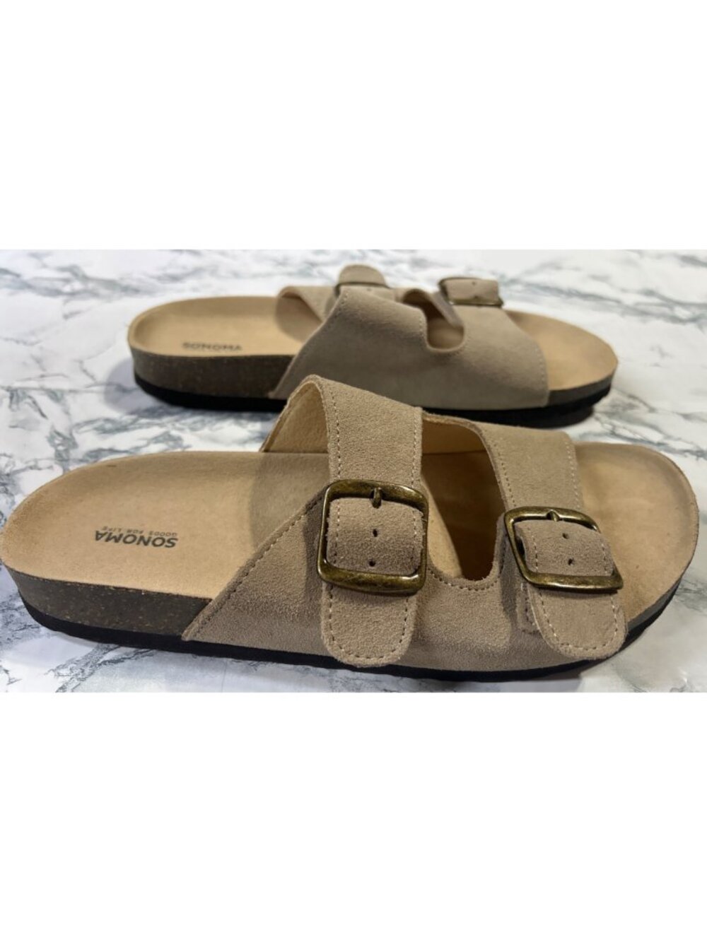 Sonoma Womens Size 9 Taupe Suede Double-Buckle Slide Sandals - Picture 5 of 9